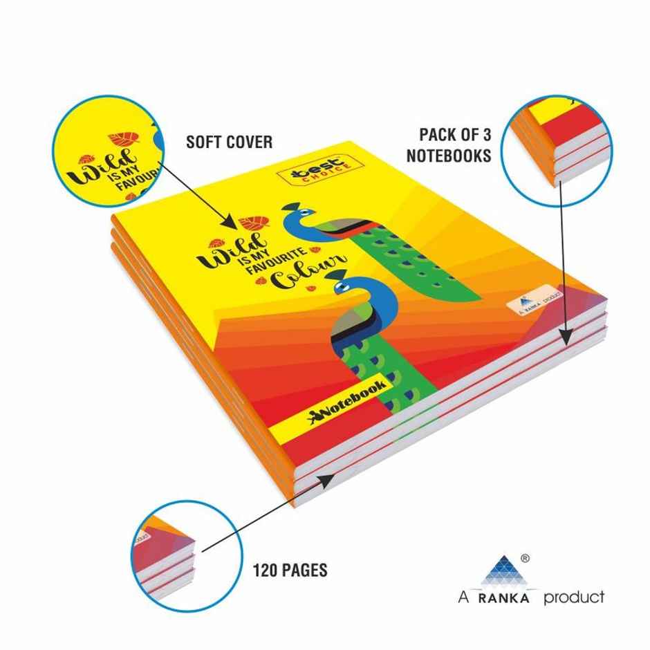 Ranka Single Line Notebook Pack of 3 (120 Pages, 11 x 9 cm, Assorted Prints)