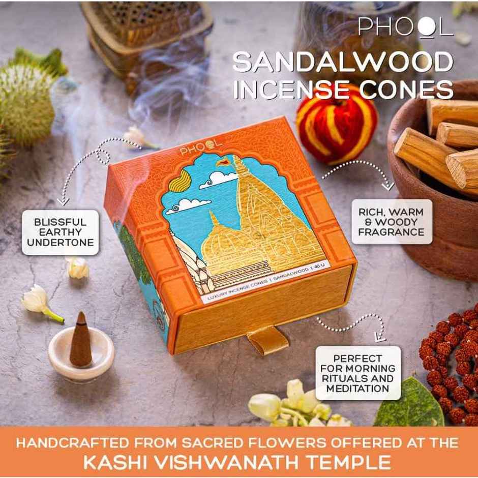 Kashi Vishwanath Sandalwood Dhoop Cones | Made From Temple Flowers | Phool