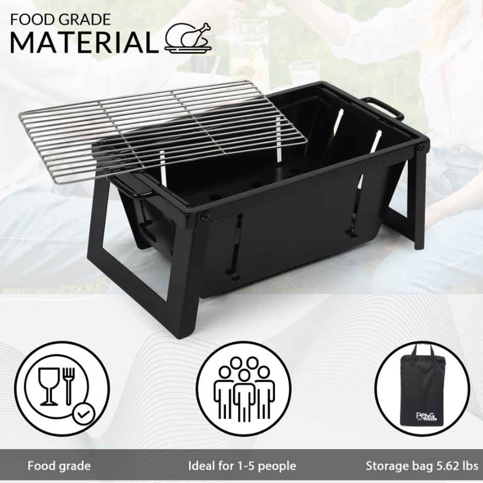 Peng Essentials Foldable Charcoal BBQ Grill | 5 Skewers | Stainless Steel | Black