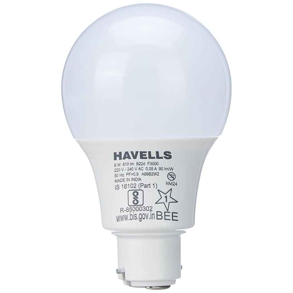 Havells 9W LED B22D Bulb, Upto 4KV Surge Protection, B22 Base Holder - Warm White(Light Yellow Colour)