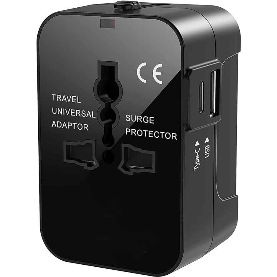 Basics IND Universal Travel Adapter with Surge Protection & USB-C Charging All-in-One Global Power Converter/Compatible with Smartphones, Laptops, Camera, Mobiles, Tablets - Black