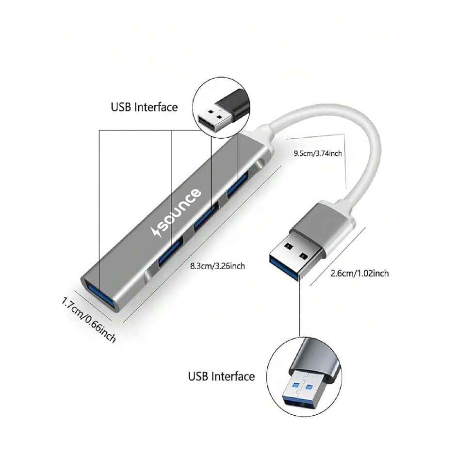 Sounce 4-Port USB 3.0 Hub with Aluminium Shell For Pc-Macbook-Mac Pro-iMac-Surface Pro | Grey