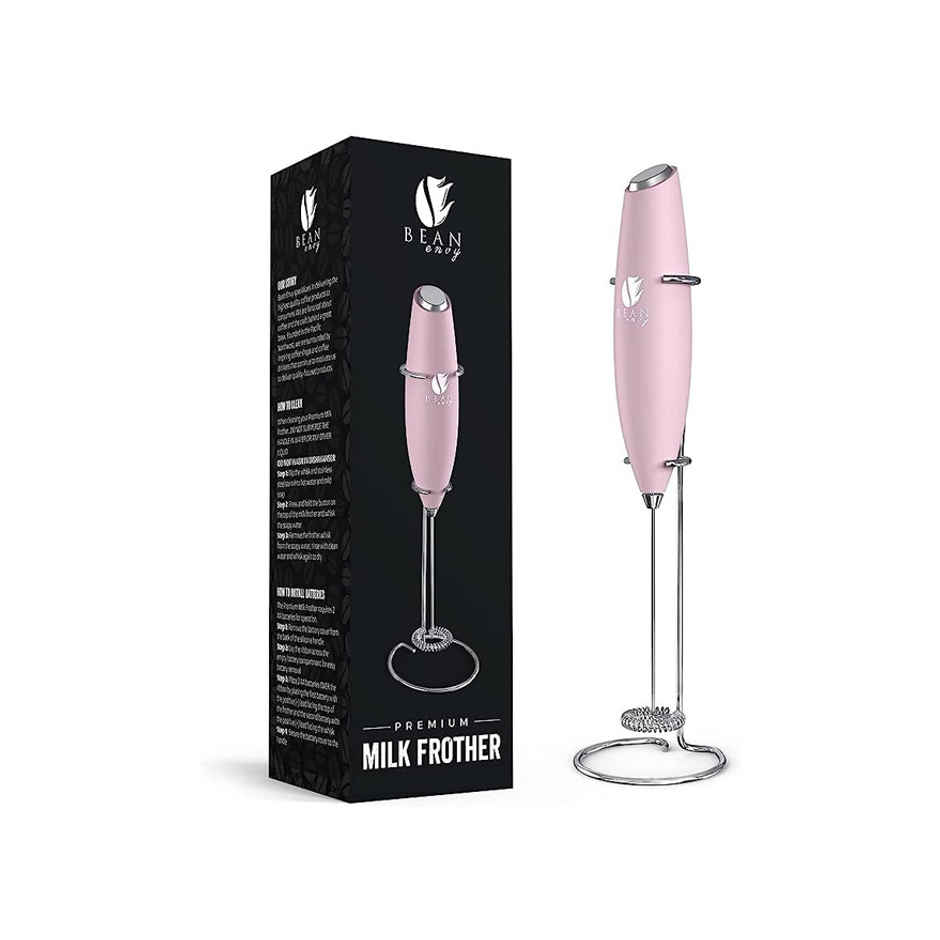 Bean Envy Milk Frother for Coffee - Handheld Battery-Operated Electric Milk & Coffee Frother - Pink
