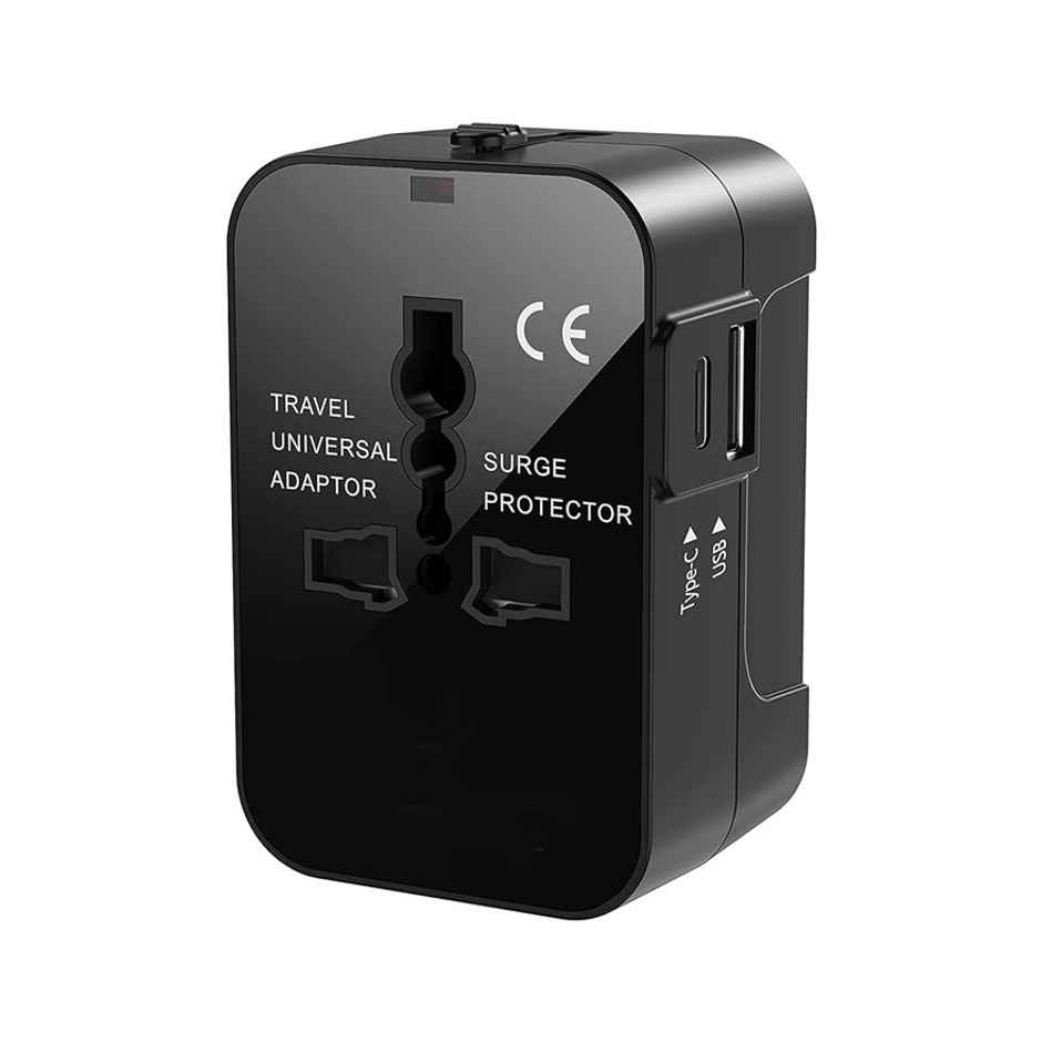 Basics IND Universal Travel Adapter with Surge Protection & USB-C Charging All-in-One Global Power Converter/Compatible with Smartphones, Laptops, Camera, Mobiles, Tablets - Black