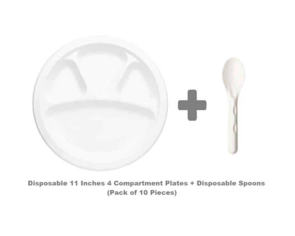 Disposable Bagasse Plate with Spoons | 4 Compartment | Combo Set | Tempware
