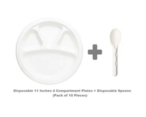 Tempware Combo- Disposable Bagasse 4 Compartment Plates with Spoons