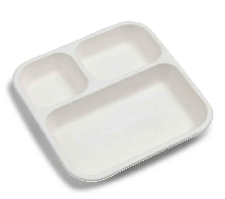 Bio-Degradable Bagasse Square Plates | 3 Compartment | Tempware