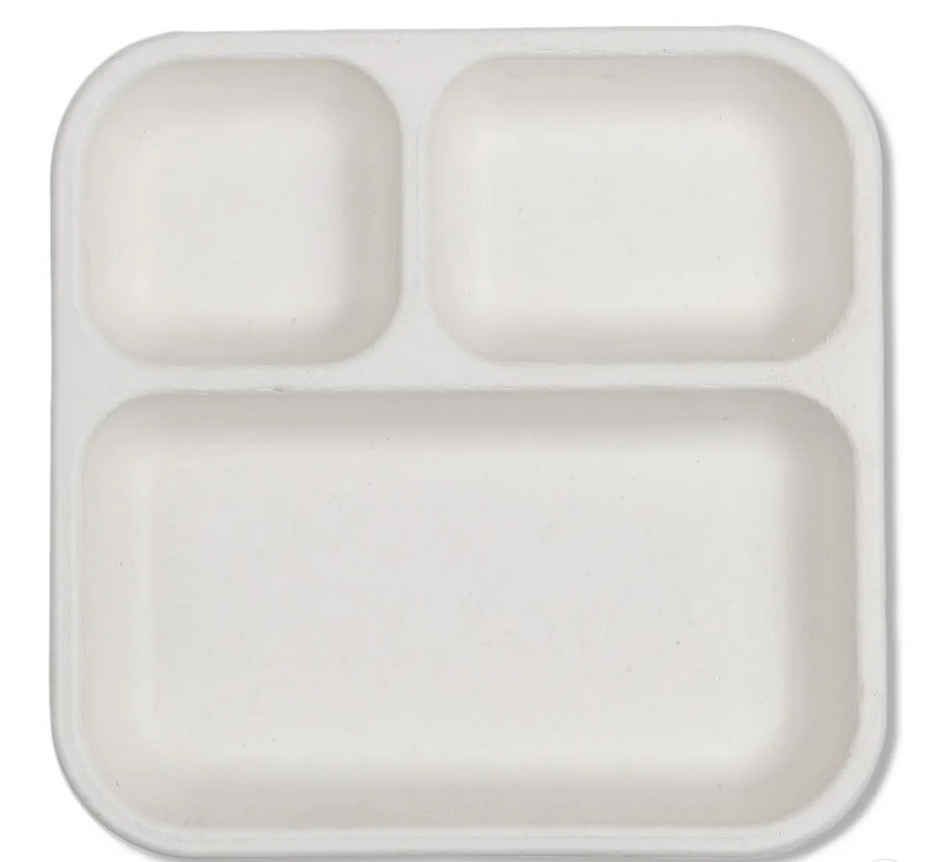 Bio-Degradable Bagasse Square Plates | 3 Compartment | Tempware