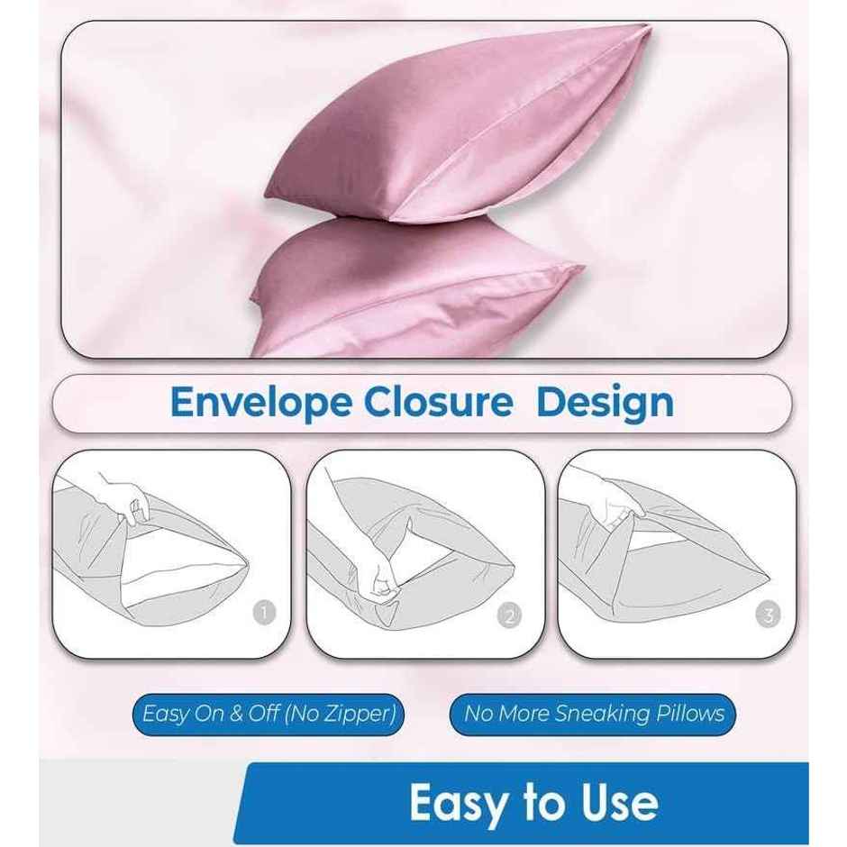 Casacraft by Pepperfry Pink Solid 400 TC Silk 4 Pillow Covers With 6 Scrunchies Free