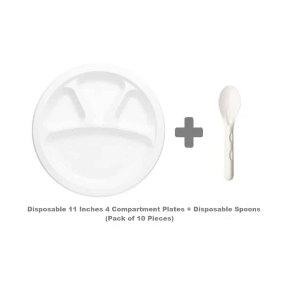 Disposable Bagasse Plate with Spoons | 4 Compartment | Combo Set | Tempware