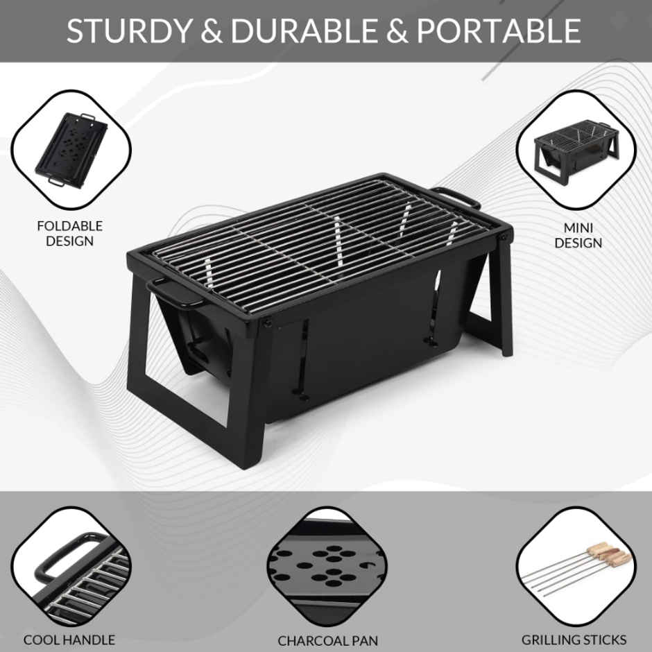 Peng Essentials Foldable Charcoal BBQ Grill | 5 Skewers | Stainless Steel | Black
