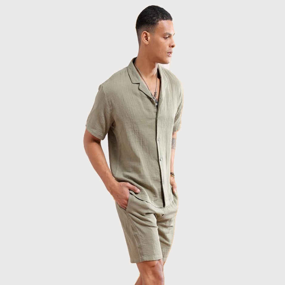 The Indian Garage Co Men | Regular Solid Resort Shirt And Boxers | Sage Green | L