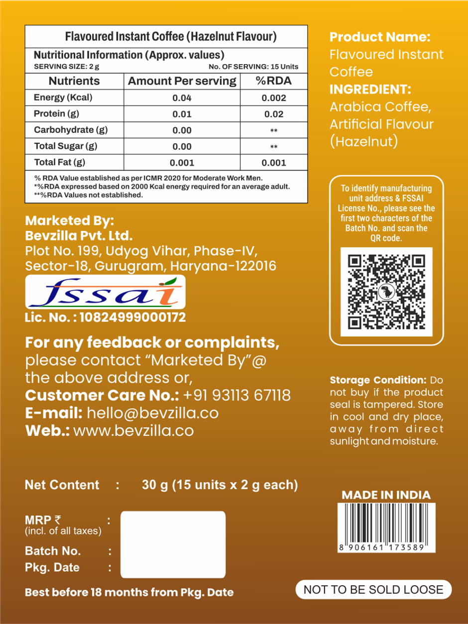 Bevzilla 15 Hazelnut Flavoured Instant Coffee Powder Sachets