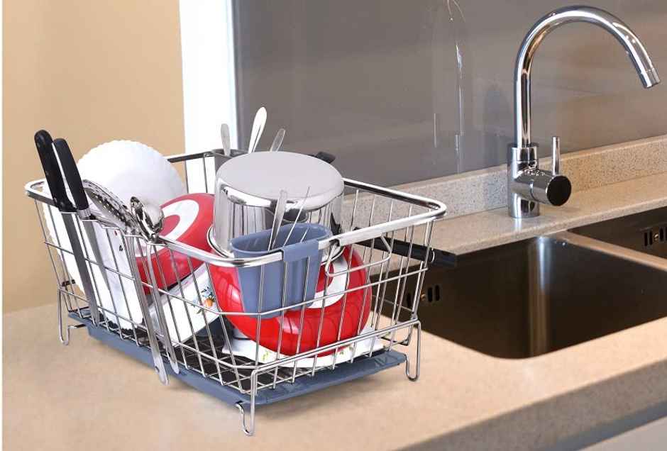 Capsicum Stainless Steel Dish Drainer | After Wash Utensils Basket (Dish Rack With Tray)