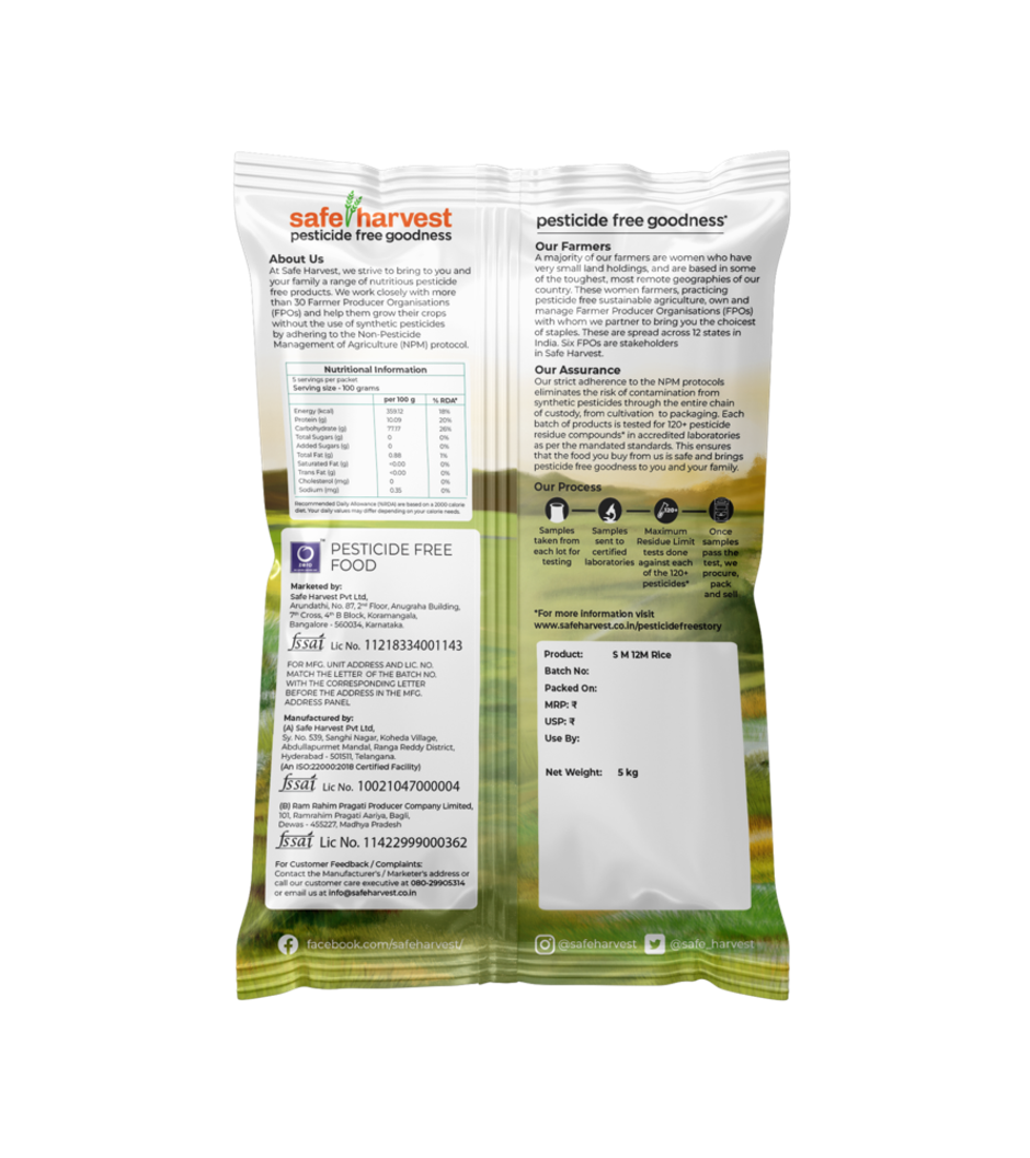 Safe Harvest Pesticide-Free Sona Masuri Rice | Gluten-Free, Unpolished, Arsenic-Free | 12 Months