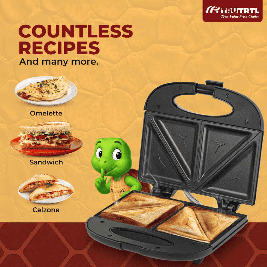 truTRTL Smart Toast Electric Sandwich Maker with Non-Stick Die Cast Aluminium Plates| 800W (Black)
