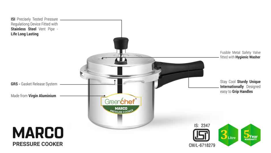 Greenchef Marco Aluminium Pressure Cooker Outer Lid 3 Litres Capacity, Silver Colour