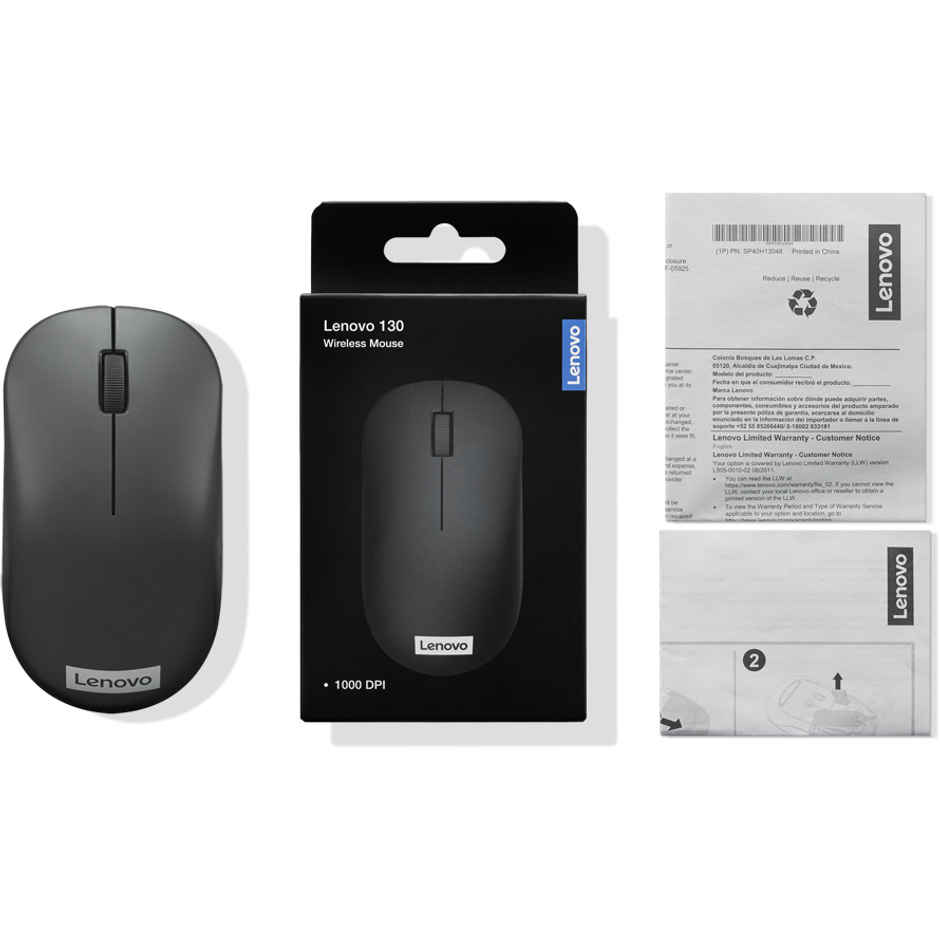 Lenovo 130 Wireless Compact Mouse, 1K DPI Optical sensor, 2.4GHz Wireless NanoUSB, 10m range, 3button(left,right,scroll) upto 3M left/right clicks, 10 month battery, Ambidextrous, Ergonomic GY51C12380