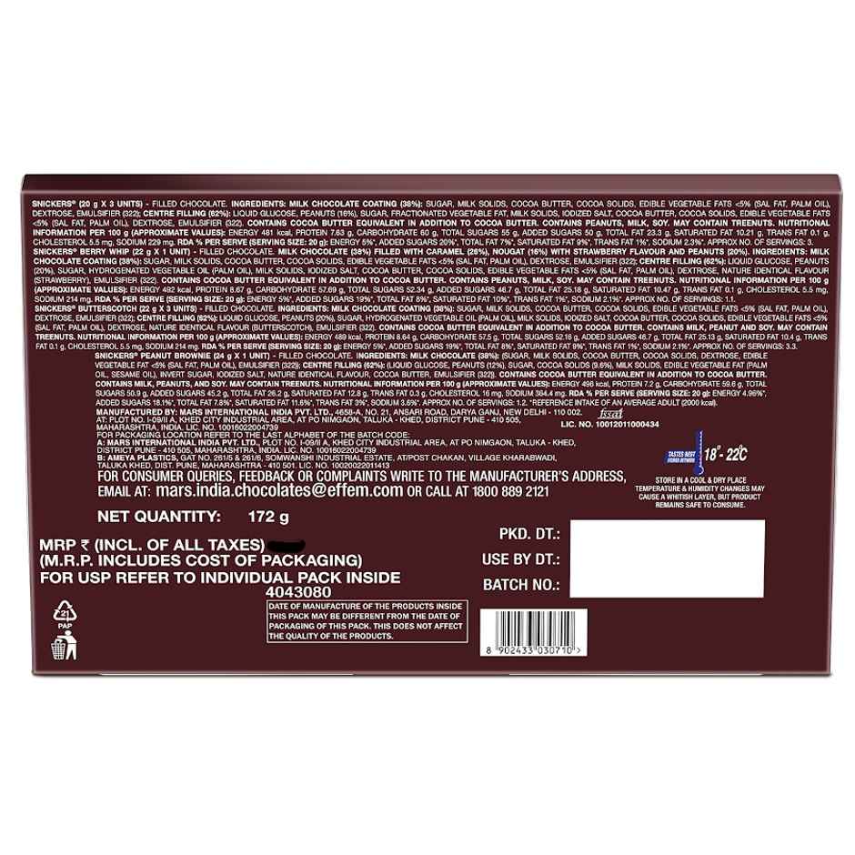 Snickers Gift Pack | 8 Bars | Peanut , Butterscotch, Berrywhip & Peanut Brownie Combo