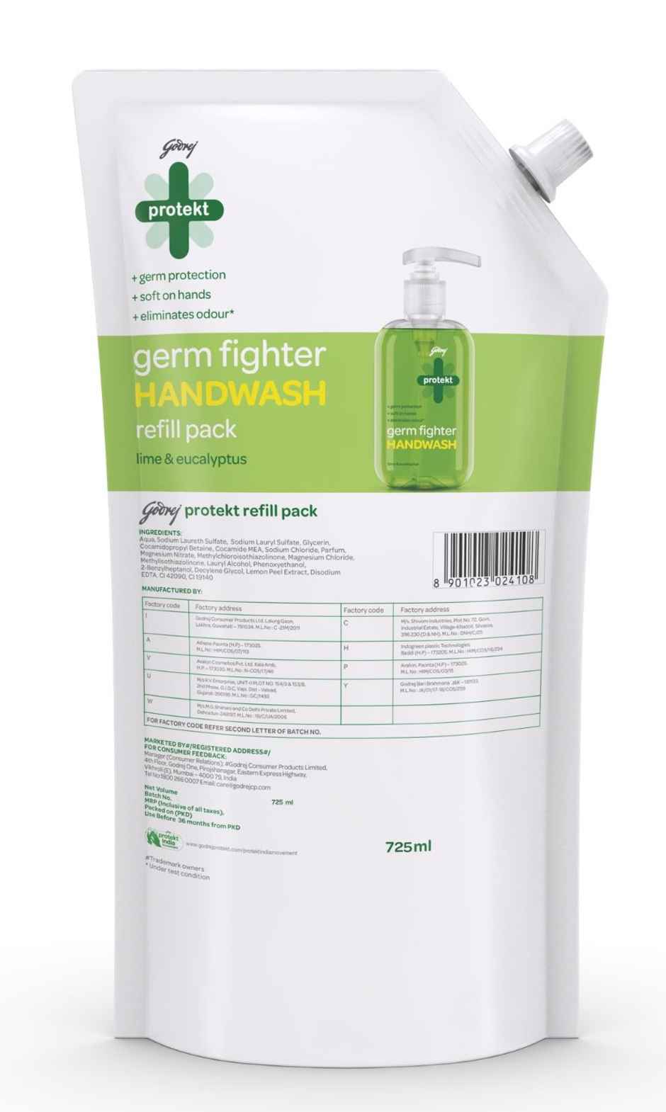 Godrej Protekt Germ Fighter Handwash Refill Pack - Lime & Eucalyptus