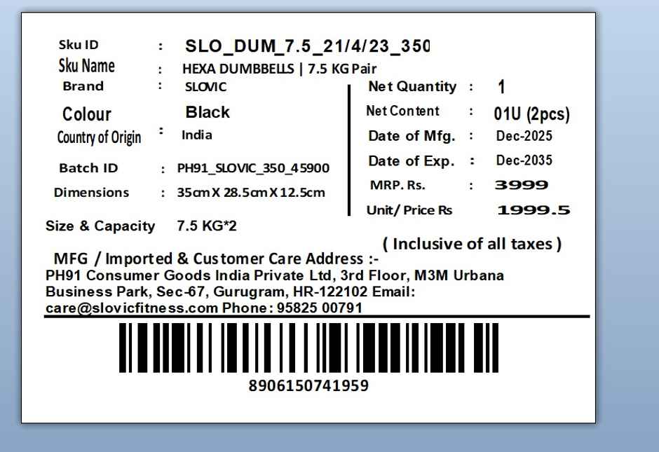 Slovic Hex Rubber Coated Dumbbell Set (7.5 kg X 2) | Black | Home Gym | Non-Slip Coated Handle