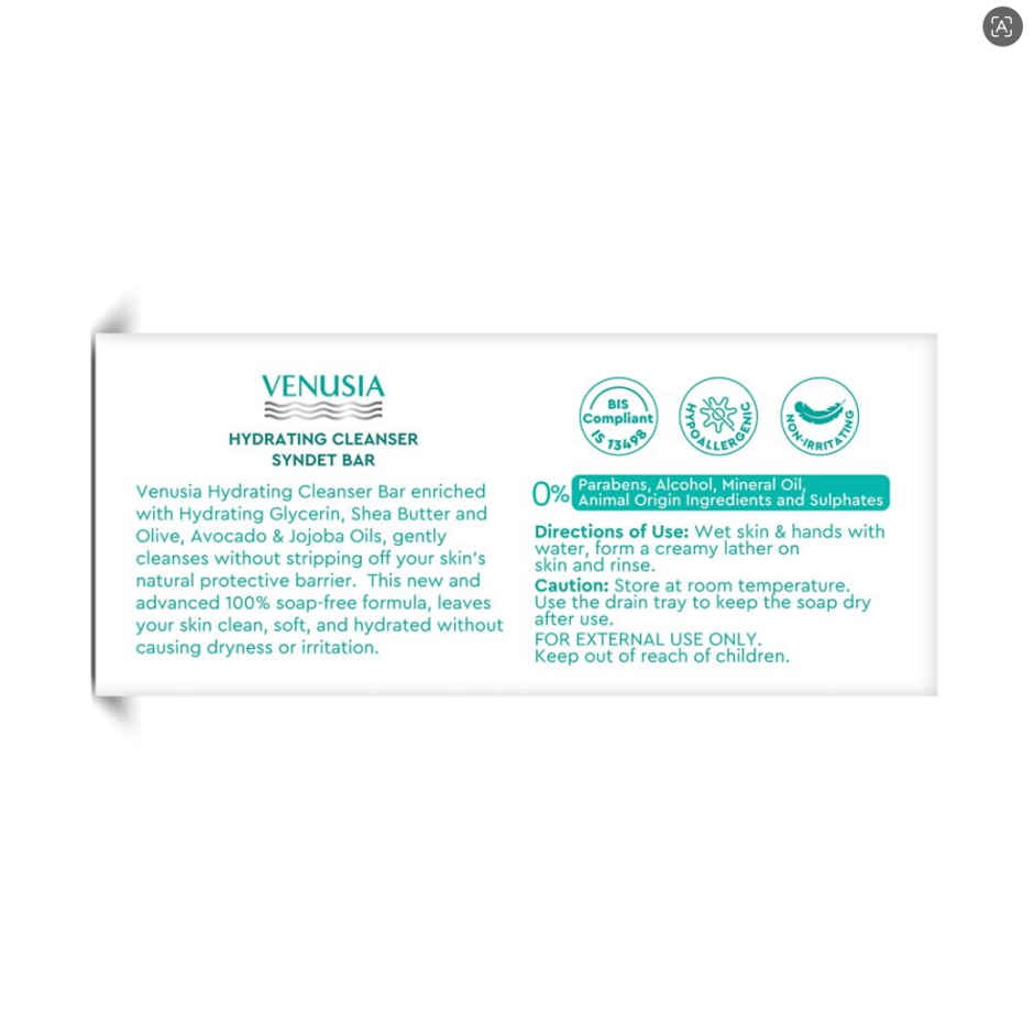 Venusia Hydrating Cleanser Syndet Bar Soap Free pH 5.5 with Glycerin & Oils