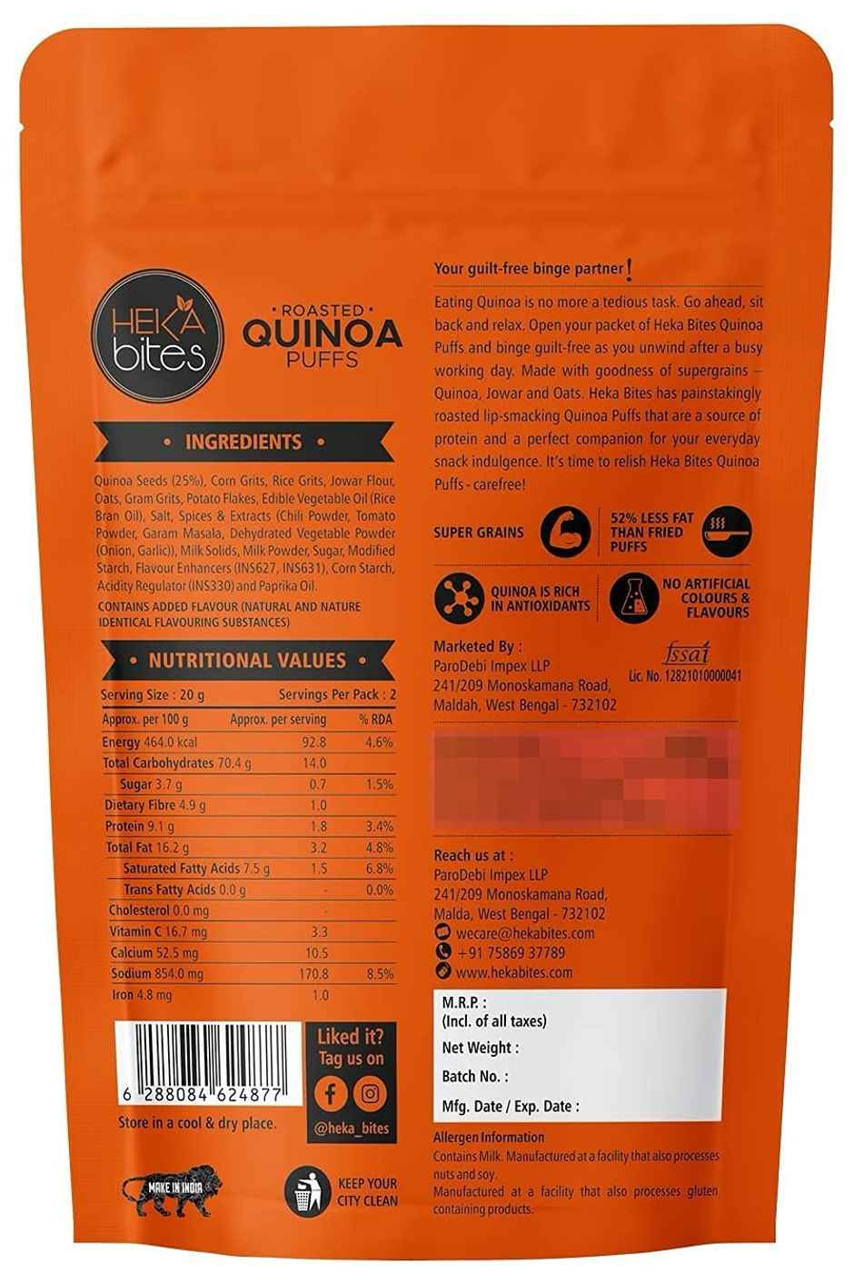 Heka Bites Roasted Quinoa Puffs Tangy Cheese - Low Calorie & Healthy Snacks