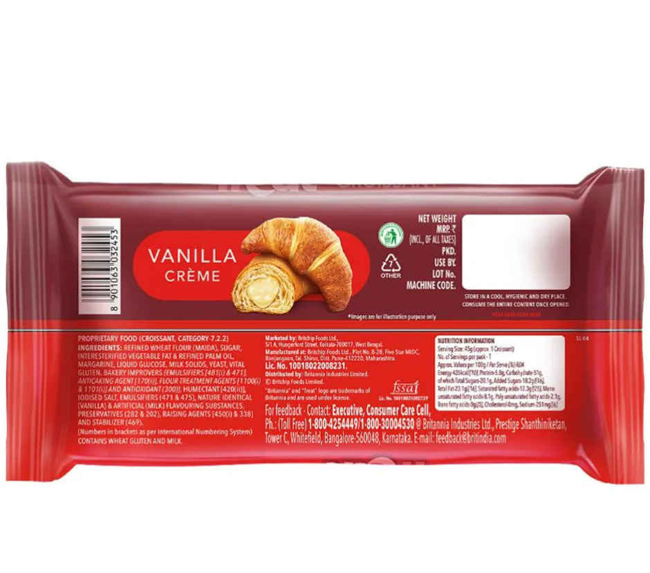 Britannia Treat Croissant | with Vanilla Creme Filling 100% Veg