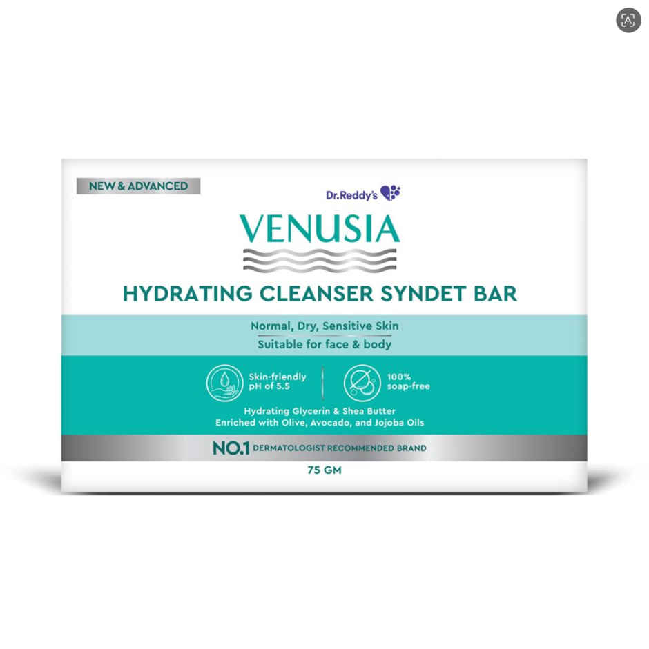 Venusia Hydrating Cleanser Syndet Bar Soap Free pH 5.5 with Glycerin & Oils