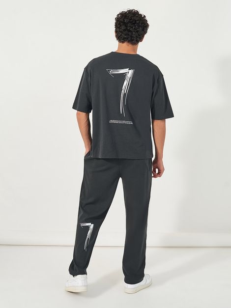 Styli Men's Oversized T-shirt and Open Hem Jogger Co-ord Set with Typographic Print | Grey - L
