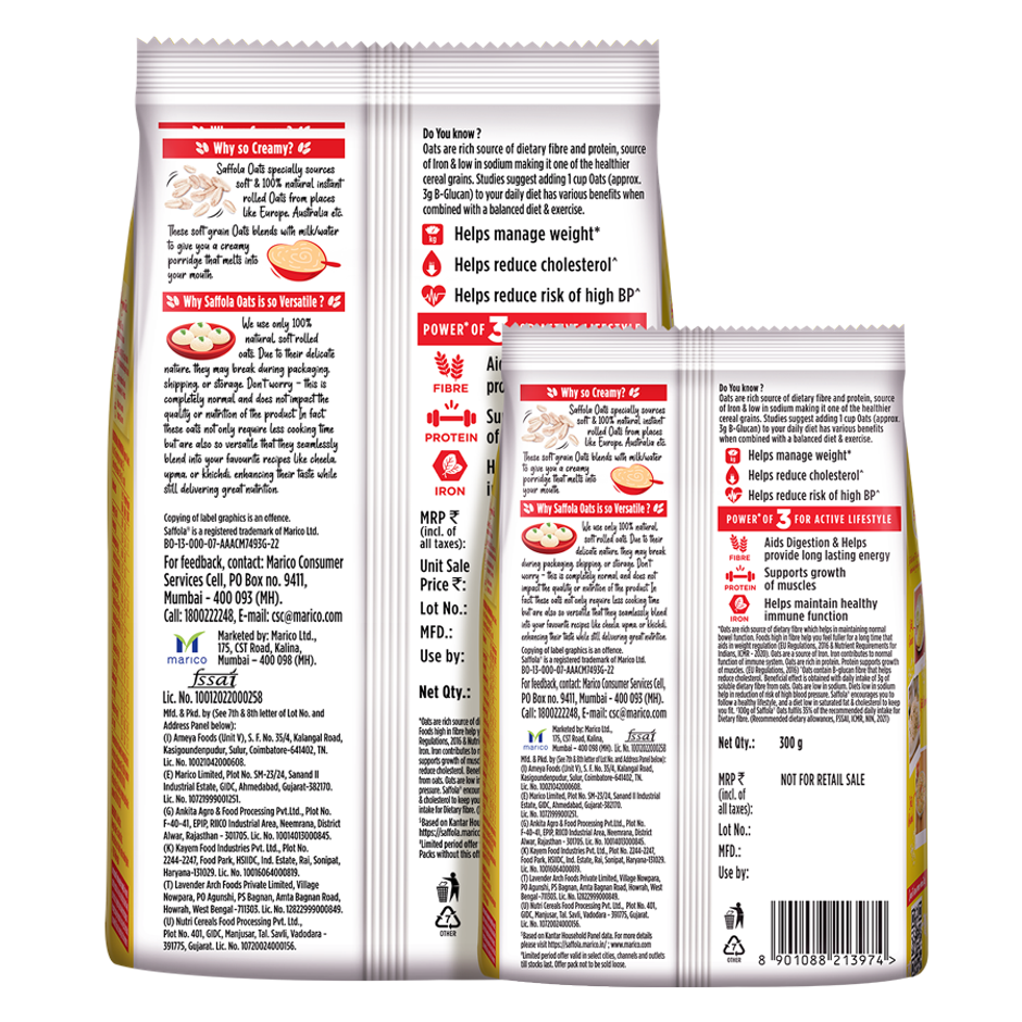 Saffola Oats, Instant Rolled Oats, Soft & Creamy Oats, Power of Protein, Iron & Fibre