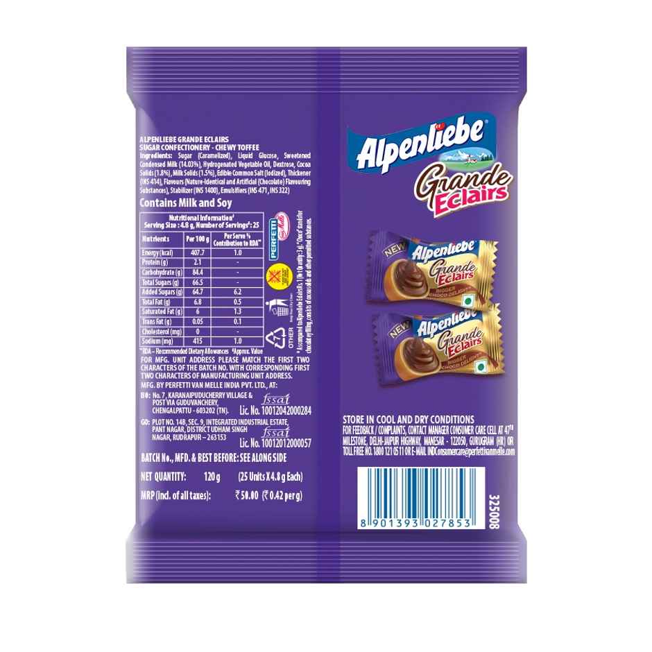 Alpenliebe Eclairs Grande Caramel Choco Chewy Toffee Pouch