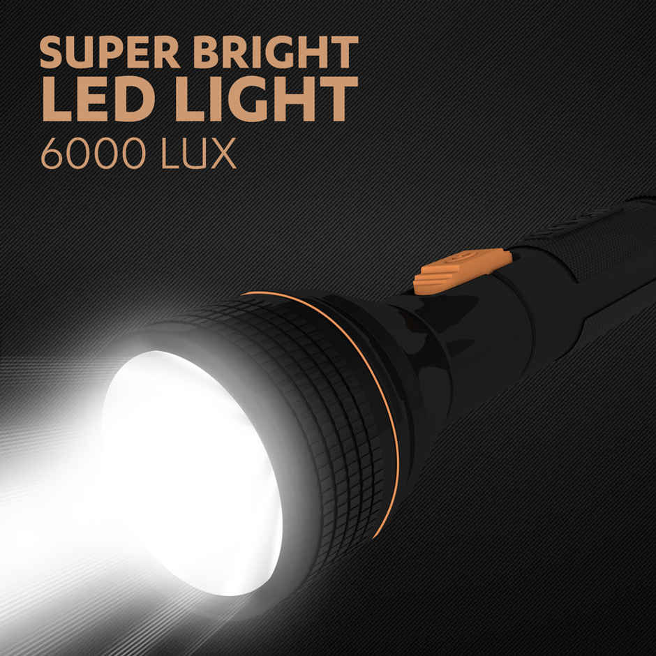 Duracell LED Torch, 6000 LUX Super Bright, Ultra-Light, Easy Carry, Large Reflector, 2AA Free,Black