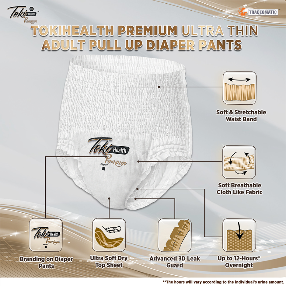 TokiHealth Ultra Thin Premium Pull Up Adult Diapers | Size L | Waist 30-39 Inches |Pack Of 10 Combo