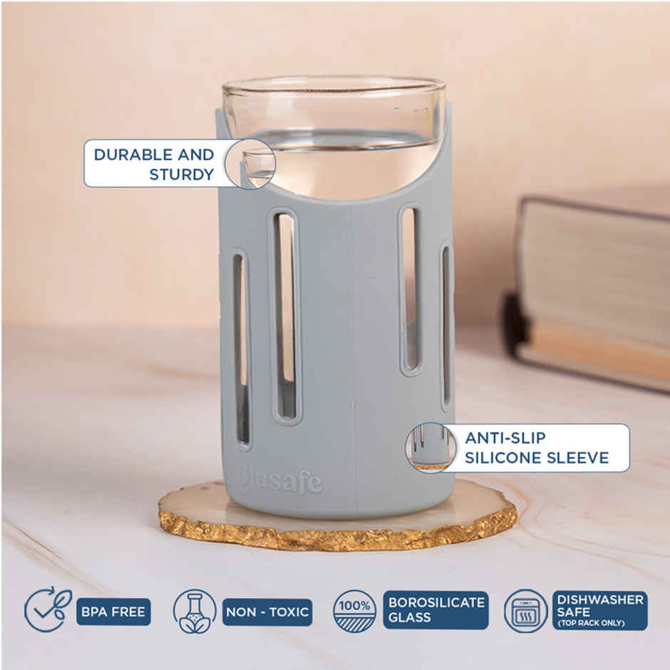 Glasafe Grip'N'Sip Borosilicate Drinking Glass With Protective Silicone Sleeve(Soothing Slate)350Ml