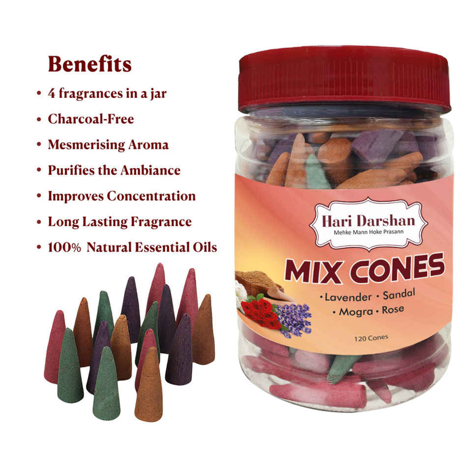 Mix Dhoop Cones | Rose, Sandal, Mogra, Lavender | 120 pcs | Hari Darshan