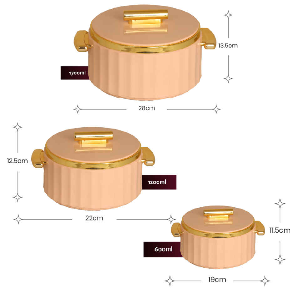Selvel Camry Insulated Casserole | (1700ml, 1200ml, 600ml) | Keeps Food Hot |Peach