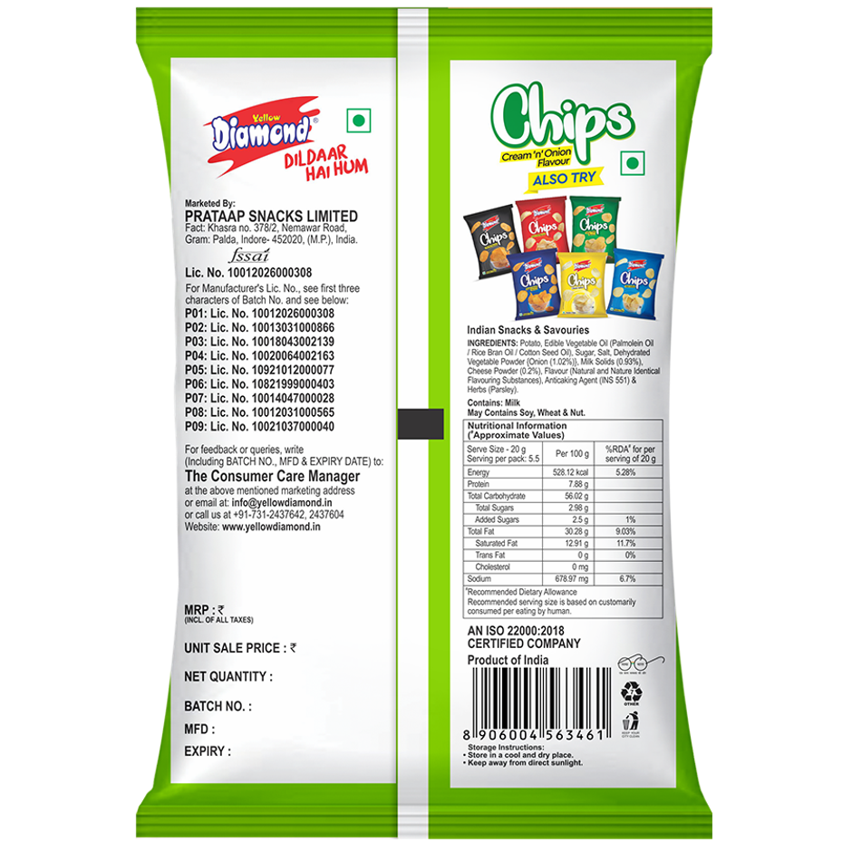 Yellow Diamond Cream N Onion Chips | Savoury & Crunchy