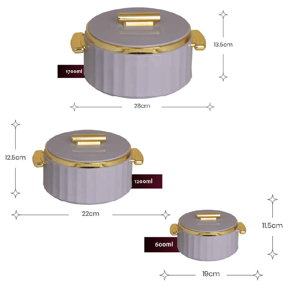 Selvel Camry Insulated Casserole | (1700ml, 1200ml, 600ml) | Keeps Food Hot |Lid Grey