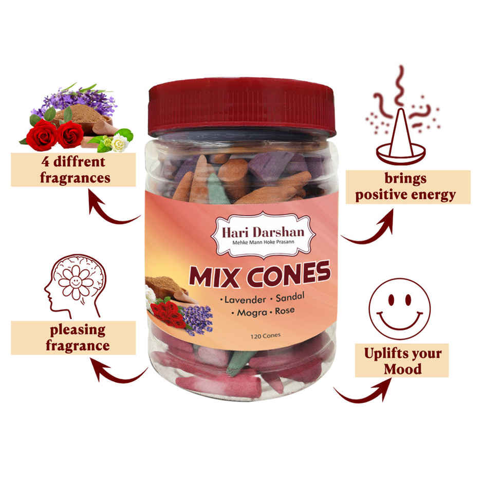 Mix Dhoop Cones | Rose, Sandal, Mogra, Lavender | 120 pcs | Hari Darshan