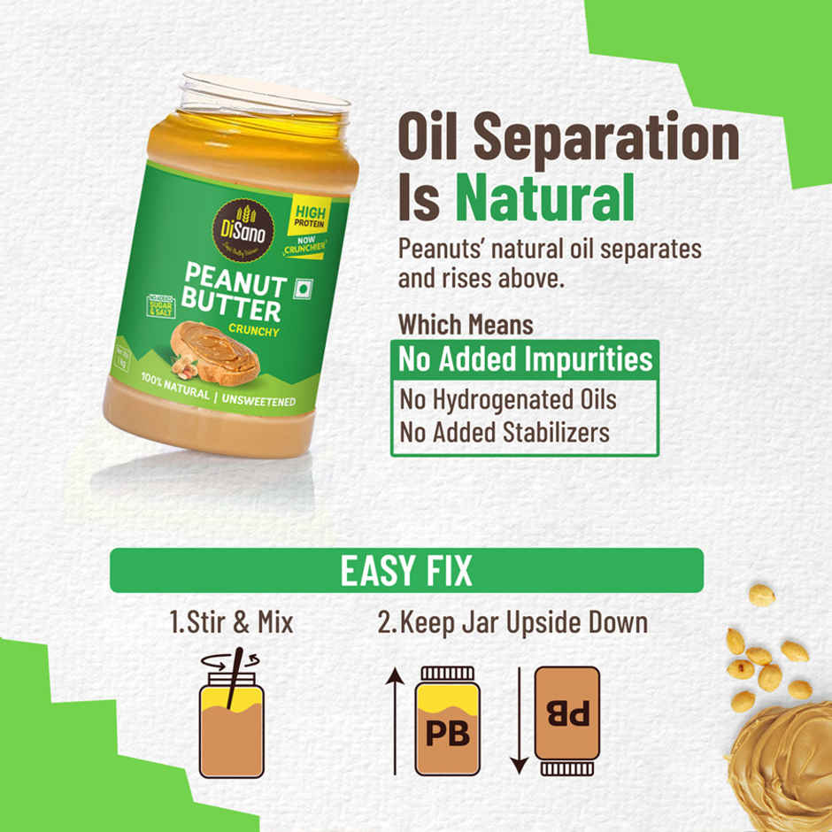 DiSano Natural Peanut Butter - Crunchy, Unsweetened, 28.3% Protein, No Added Sugar, Peanut