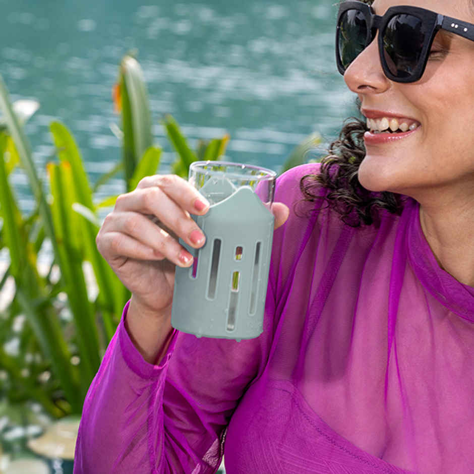 Glasafe Grip'N'Sip Borosilicate Drinking Glass With Protective Silicone Sleeve(Soothing Slate)350Ml