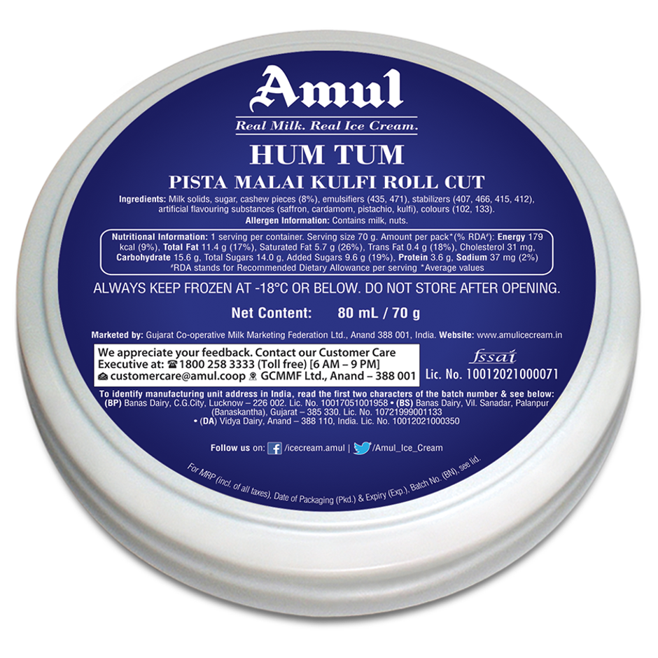 Amul Pista Malai Kulfi Roll Cut