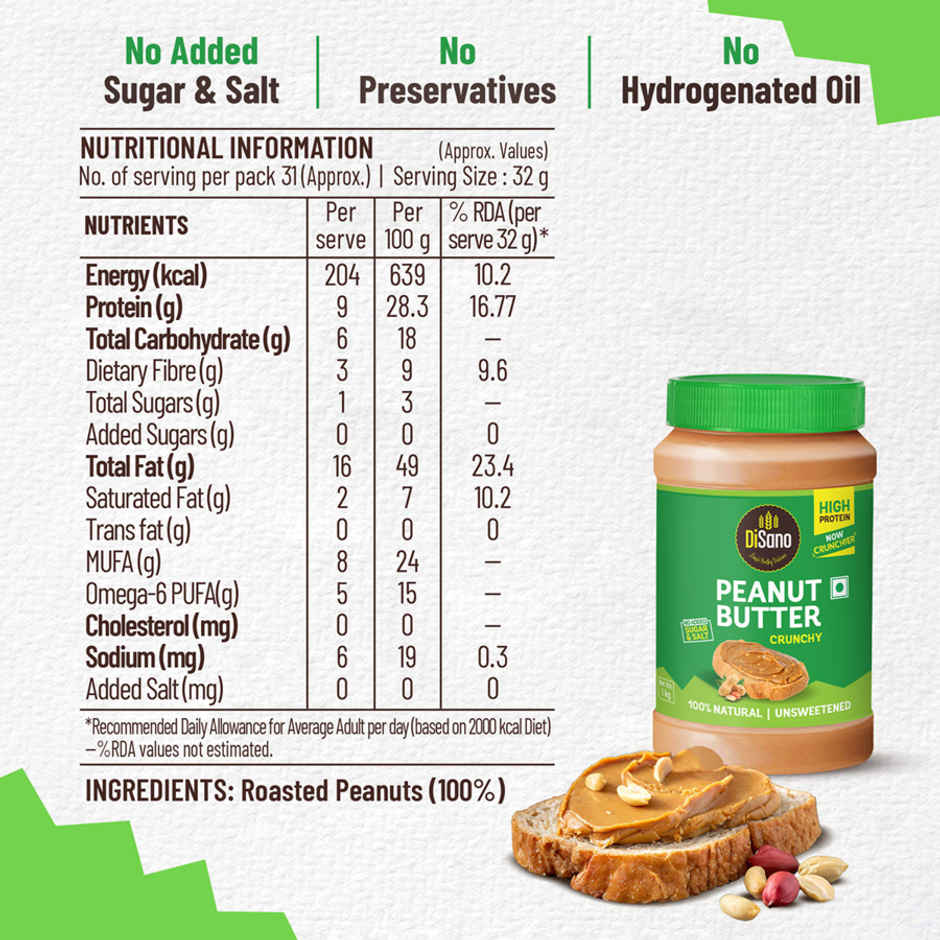 DiSano Natural Peanut Butter - Crunchy, Unsweetened, 28.3% Protein, No Added Sugar, Peanut