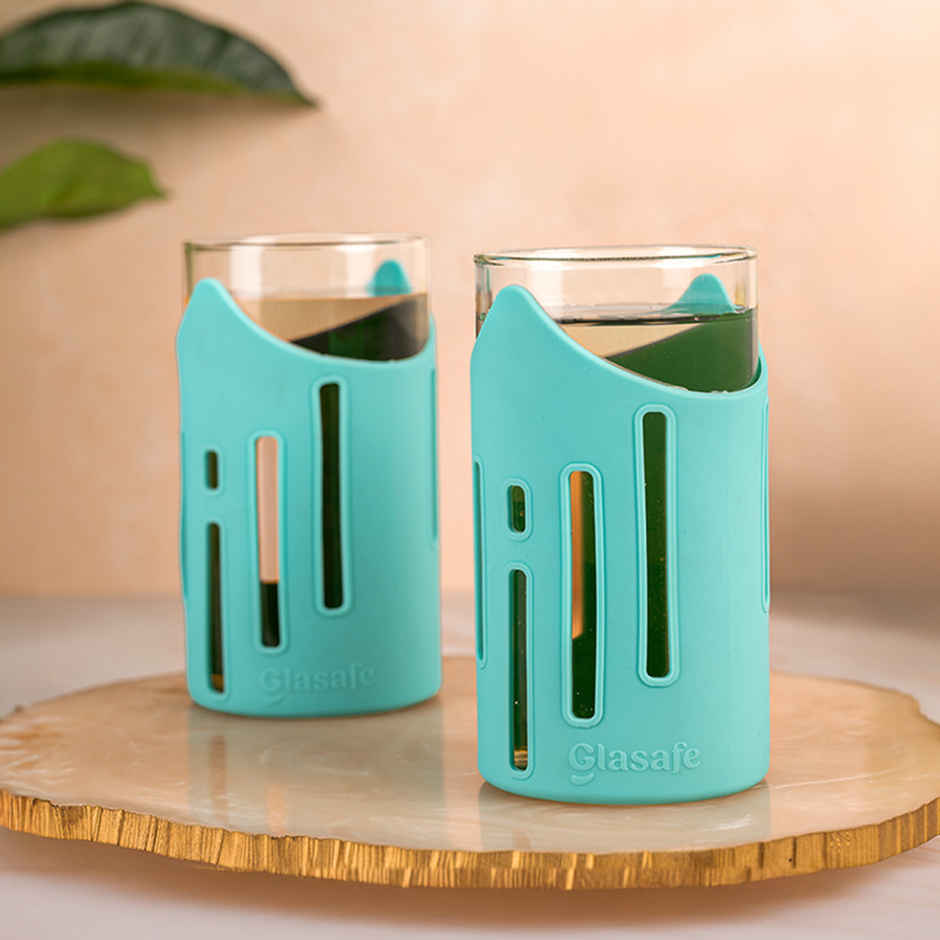 Glasafe Grip 'N' Sip Borosilicate Drinkig Glass With Protective Silicone Sleeve (Mellow Mist) 350Ml