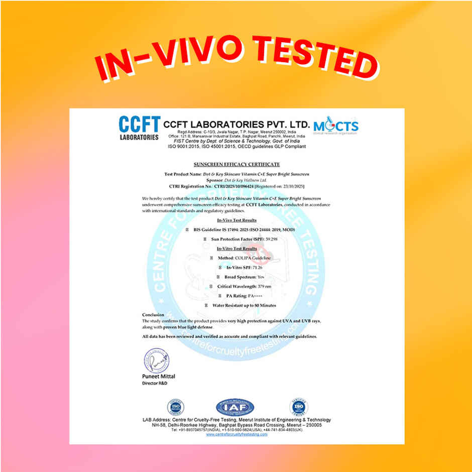 Dot & Key Vitamin C + E Face Sunscreen SPF 50 PA+++ For Glowing Skin, 100% No White Cast