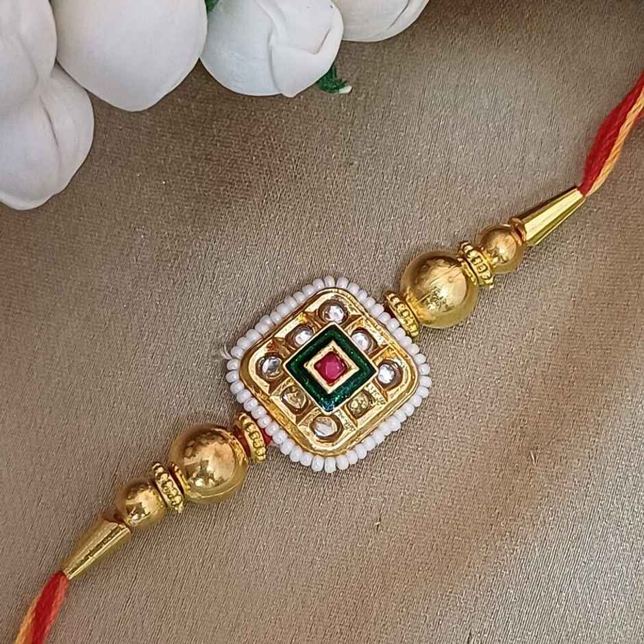 Rajasthani Large Square Pendant Red Minakari Kundan Motiwork Rakhi|Traditional Rakhi | Gullak