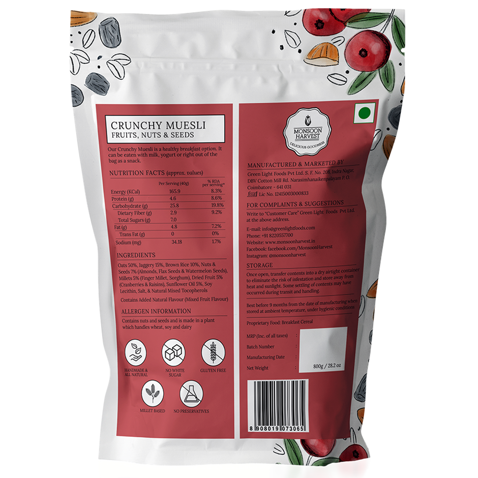 Monsoon Harvest, Crunchy Muesli - Fruits, Nuts & Seeds