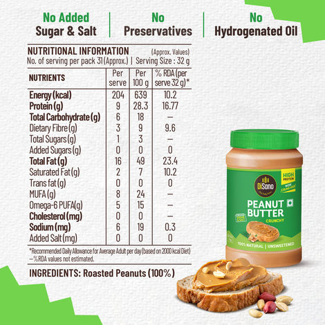 DiSano Natural Peanut Butter - Crunchy, Unsweetened, 28.3% Protein, No Added Sugar,100% Peanut