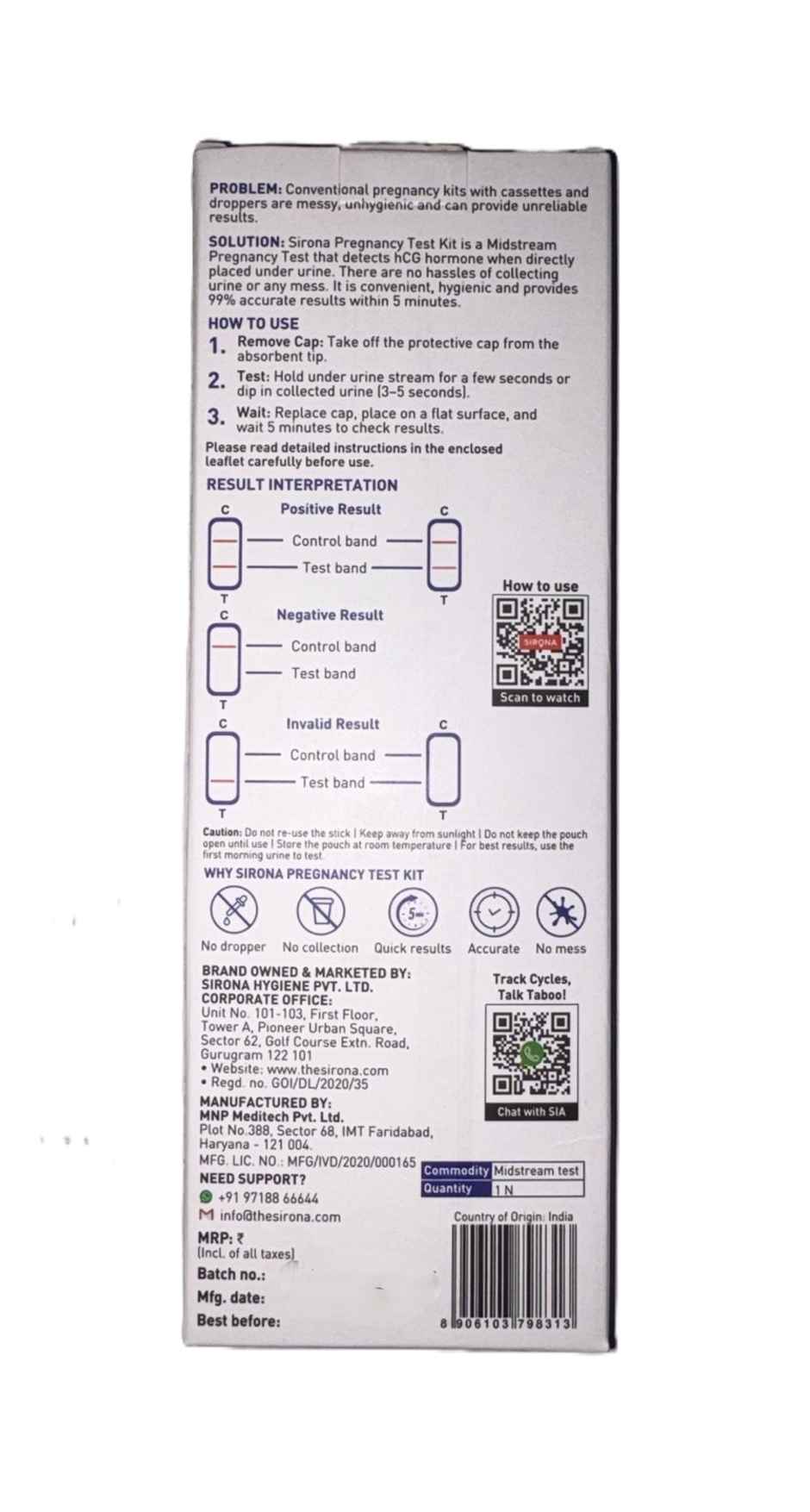 Sirona Midstream Hcg Urine Pregnancy Test Kit